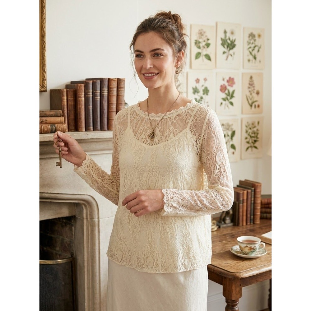Sheer Floral Lace Crewneck Cream Long Sleeve Top